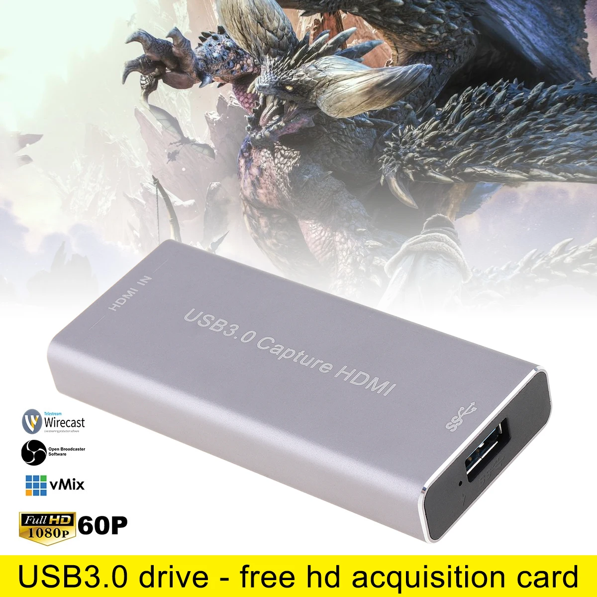 

HDMI 1080P 60FPS USB3.0 UVC HD Video Capture Card with High-speed USB3.0 Interface and Driveless Design Video Capture Box