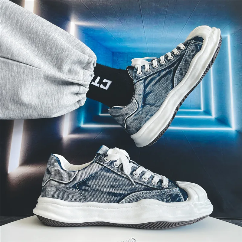 

2022 Summer Denim Men's Platform Sneakers Breathable Men Chunky Shoes Denim Washed Sneakers Shell Toe Dissolving Men's Shoes