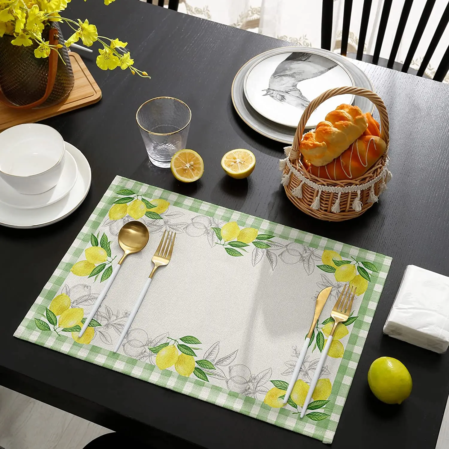 

Placemats Farm Fresh Watercolor Lemon Summer Citrus Fruit Green Buffalo Check Plaid Heat Resistant Place Mat for Dining Table