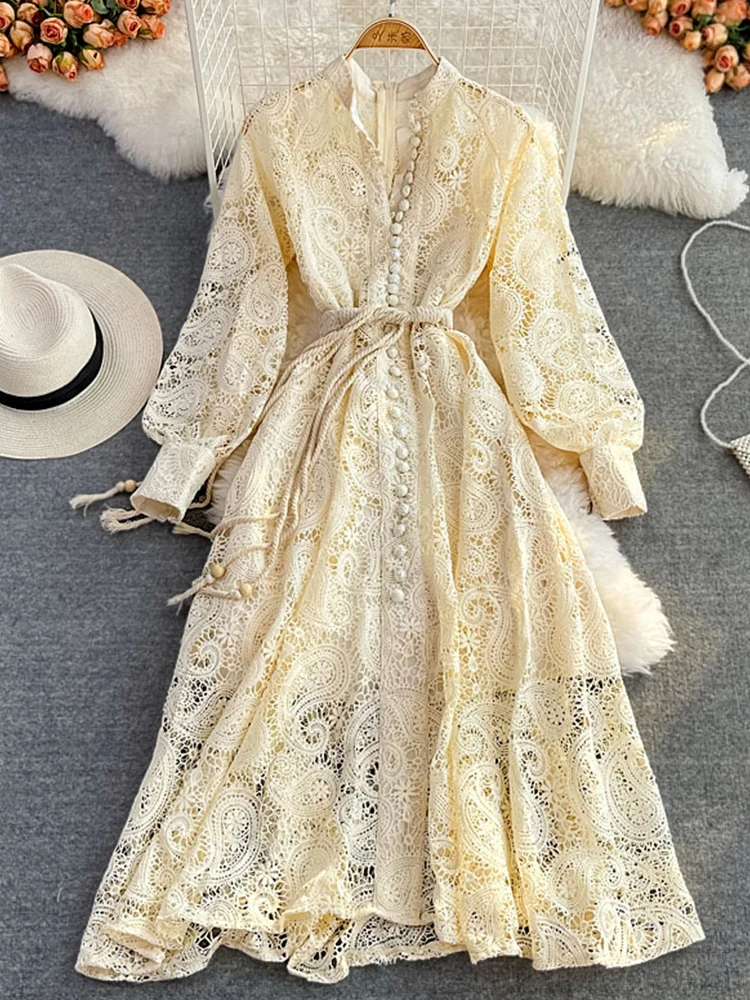

Fitaylor Summer Vintage Casual Stand Collar Hollow Embroidery Lace Dress Elegant Lantern Sleeve Single Breasted A-Line Dresses
