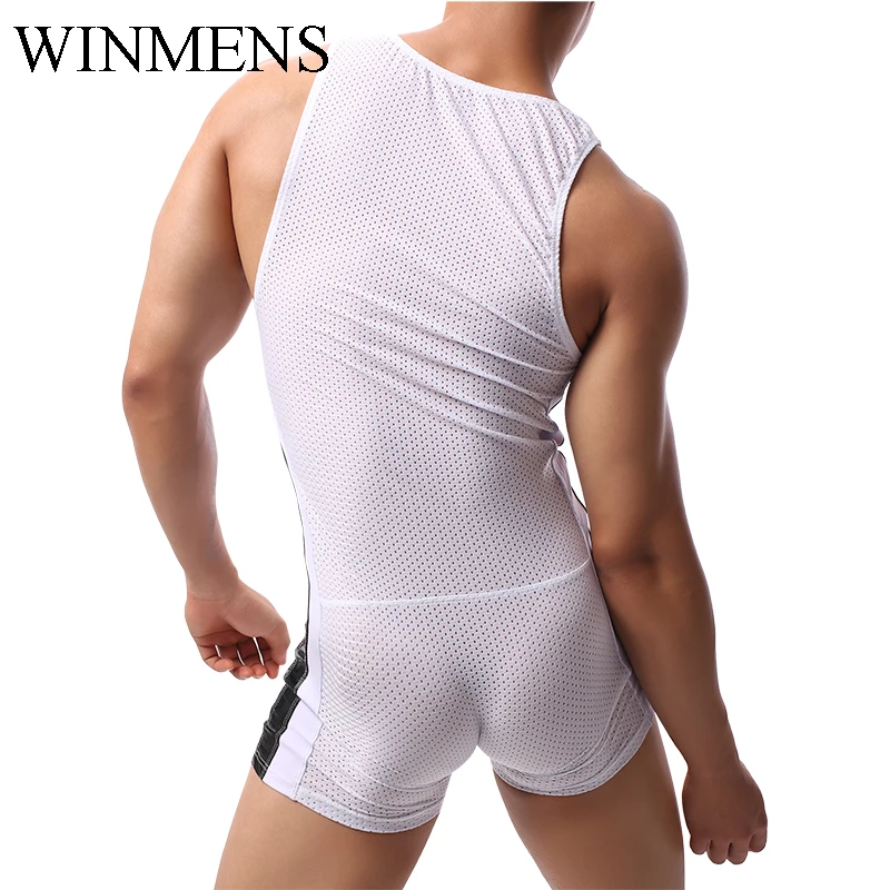 Men's Shaper Solid Mesh Breathable Sleeveless Shapewear Male Gym Bodysuit Slimming Jumpsuit Wrestling Suit Fitnees Sportwear