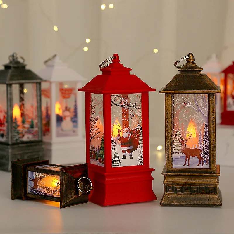 

Elk Christmas Candle Lantern Flat Wind Lantern Candlestick Lamp Old Man Snowman Night Light Xmas Hanging Pendant AAA Battery