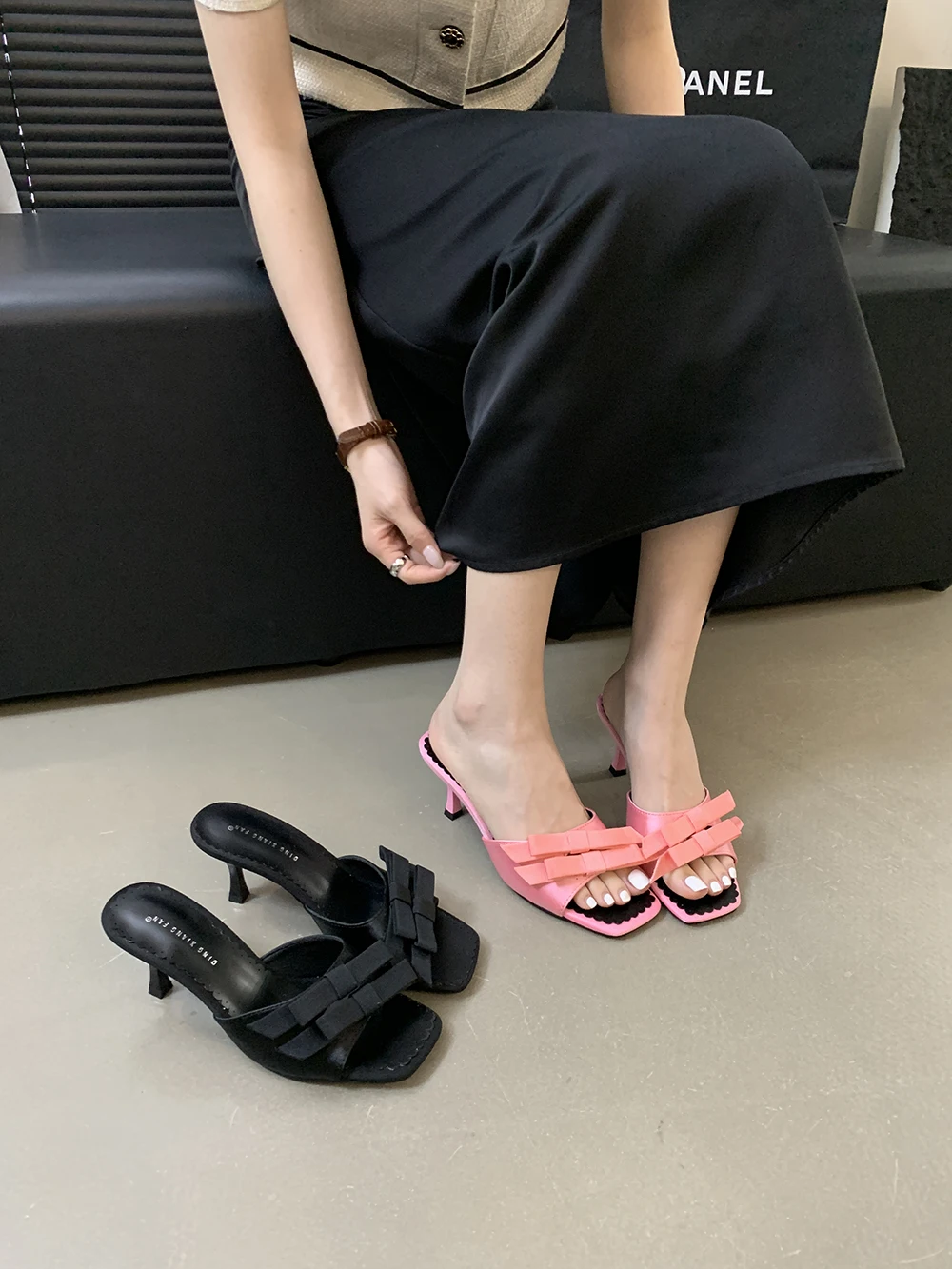 Сланцы женские с открытым носком туфли-лодочки на тонком высоком каблуке-шпильке