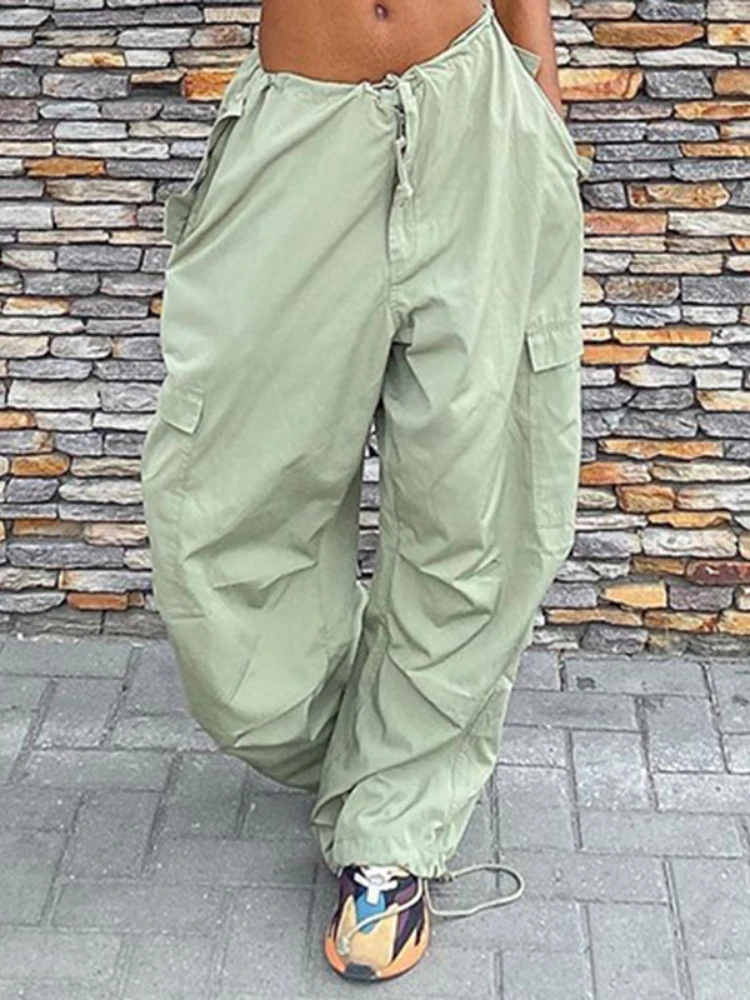 

YIKUO Oversized Wide Leg Cargo Pants Green Casual Baggy Sweatpants Harajuku Drawstring Low Rise Women Hippie Joggers Trousers