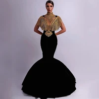 black luxury mermaid elegant evening dresses high neck gold tassel women long formal prom pageant gowns plus size custom made