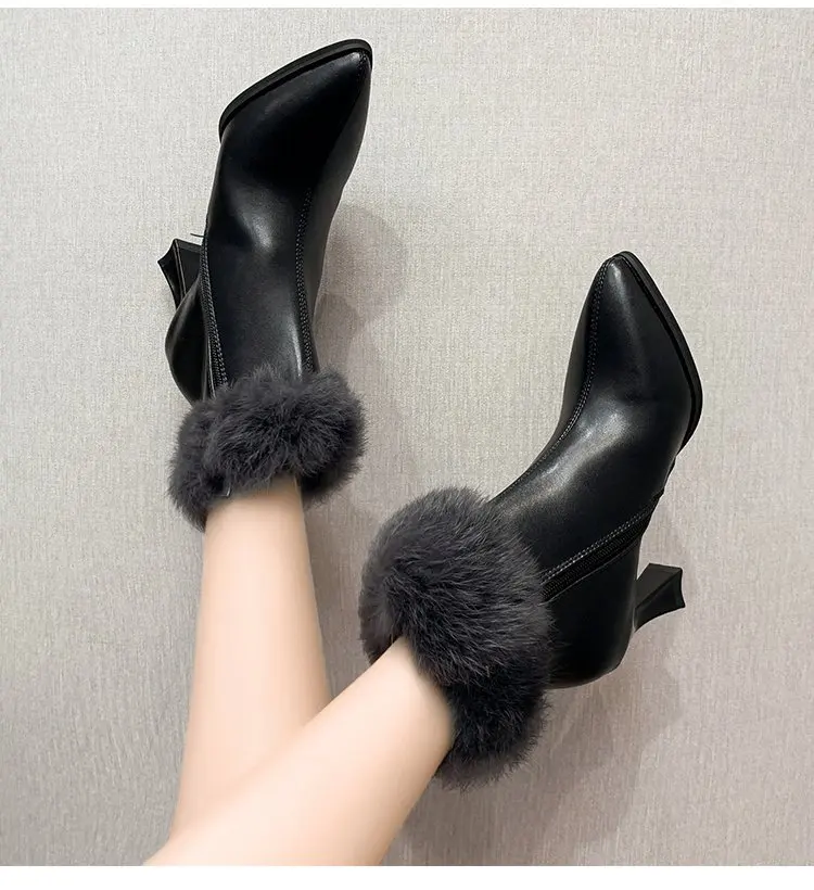 Elegant Woman Boots Shoes Plush Zipper Boots-Women Luxury Designer Winter Footwear Padded Fur Rubber Mid Calf Pointy 2023