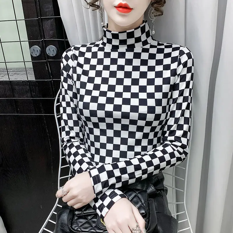 Plus velvet high collar bottoming shirt women's black and white plaid autumn and winter long sleeve warm T-shirt jacket