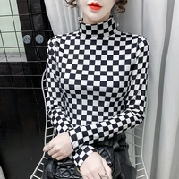 plus velvet high collar bottoming shirt womens black and white plaid autumn and winter long sleeve warm t shirt jacket