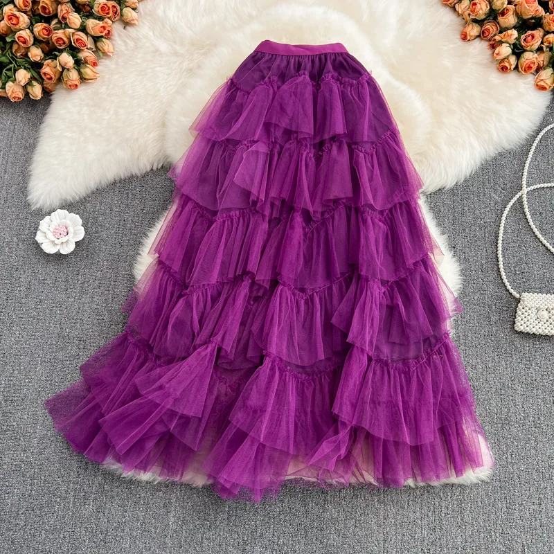 

Spring Cakee Layered Long Tulle Skirt Fluffy Irregular Tiered A-line Ankle Long Mesh Skirts Purple Pink Blue