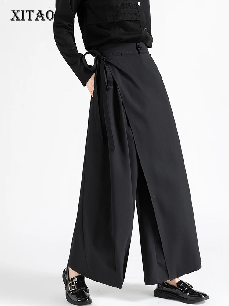 

XITAO Asymmetrical Patchwork Straight Pants Solid Black Loose Fashion Personality Lacing Culottes Autumn New Women ZY7306