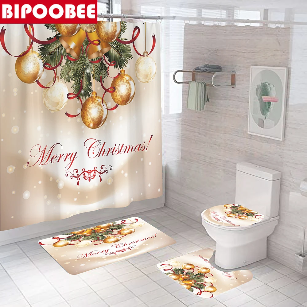 

Merry Christmas Bathroom Set Golden Bell Xmas Decor Shower Curtain Bath Mats Pedestal Rugs Toilet Lid Cover Non-slip Carpet