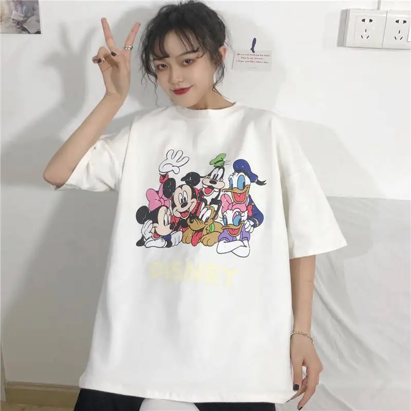 

Летняя футболка с коротким рукавом и мультипликационным принтом Disney, женская футболка с круглым вырезом, креативный свободный универсальн...