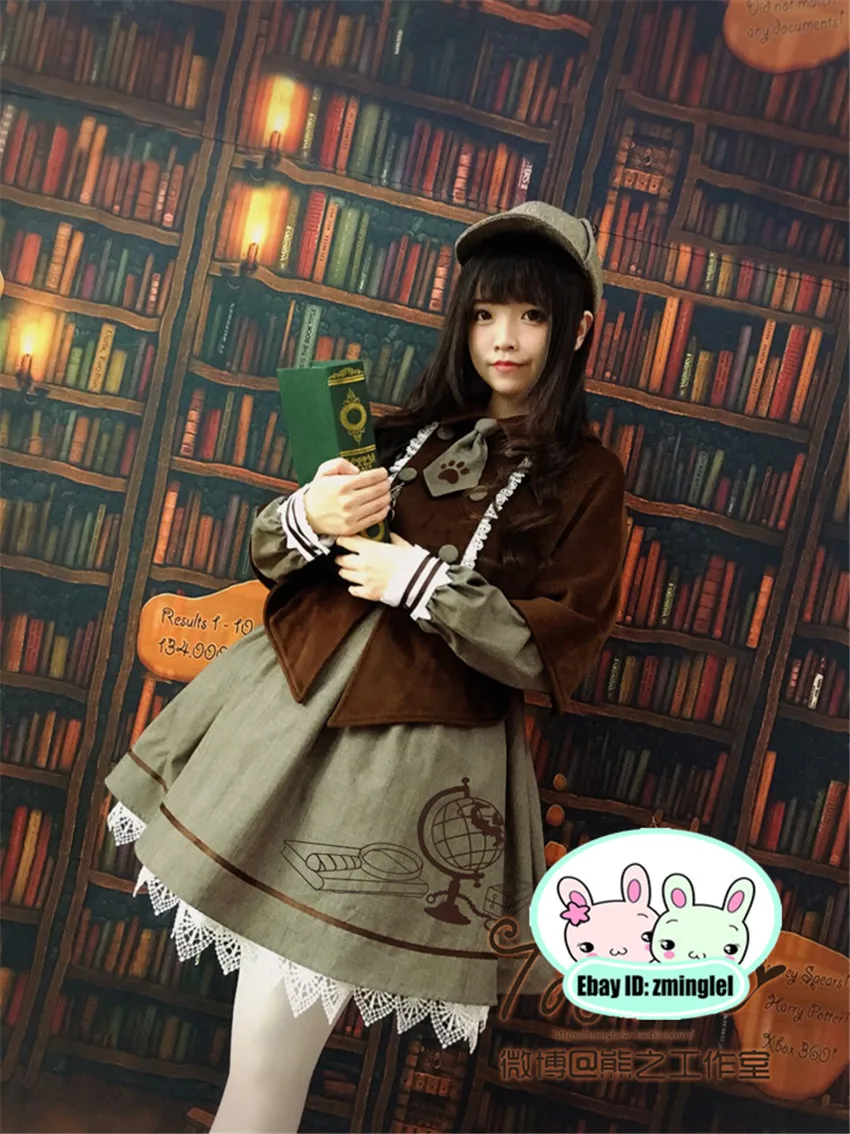 

Винтажный Британский детектив Neko с принтом лап галстук двубортная коричневая накидка плащ милый преппи стиль Лолита зимняя верхняя одежда