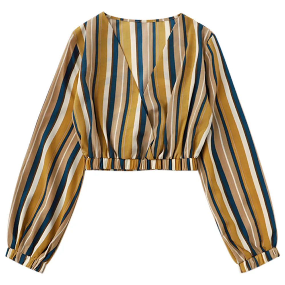 

Women Sexy Striped Chiffon Long-Sleeve Blouse V-Neck Crop Tops Daily Shirt Casual Tunic V Neck Long Sleeve T Shirts Women Pack