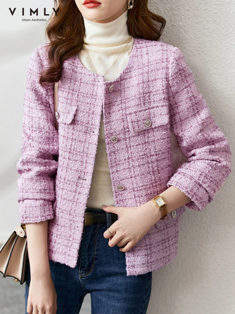 

Vimly Tweed Jacket Women 2022 Autumn Winter Korean Fashion O-neck Wind-waisted Thick Warm Outwear Quilted Coats Clothes V6639