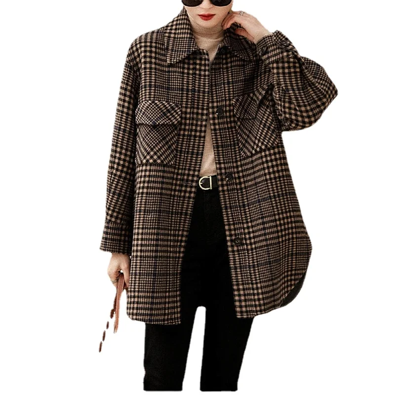 

Женское шерстяное пальто в клетку, винтажное однобортное длинное пальто, Повседневная Свободная куртка с отложным воротником, 1 шт., Осень-зима 2023