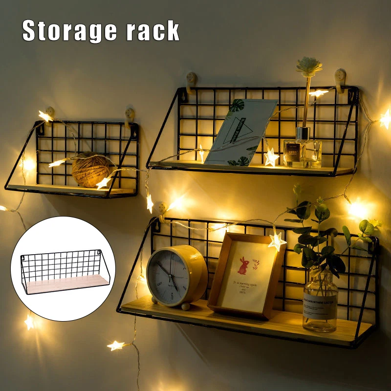

3Pack Wall Shelves Wood Iron Metal Storage Shelves Punch Free For Kitchen Bathroom Living Room Bedroom Office TN88