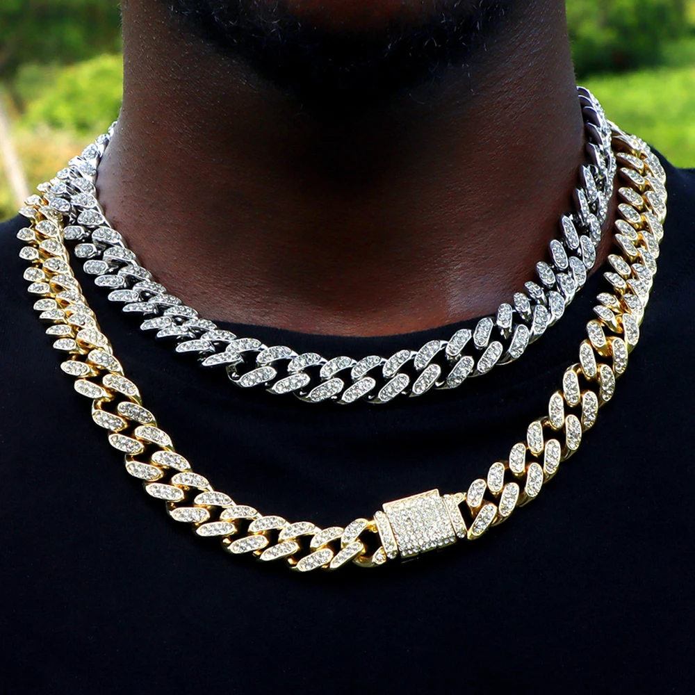 

Gold Silver Color Hip Hop Cuban Chain Paved Rhinestones 13MM Miami Cuban Link Chain Necklace For Men Women Iced Out Rock Jewelry