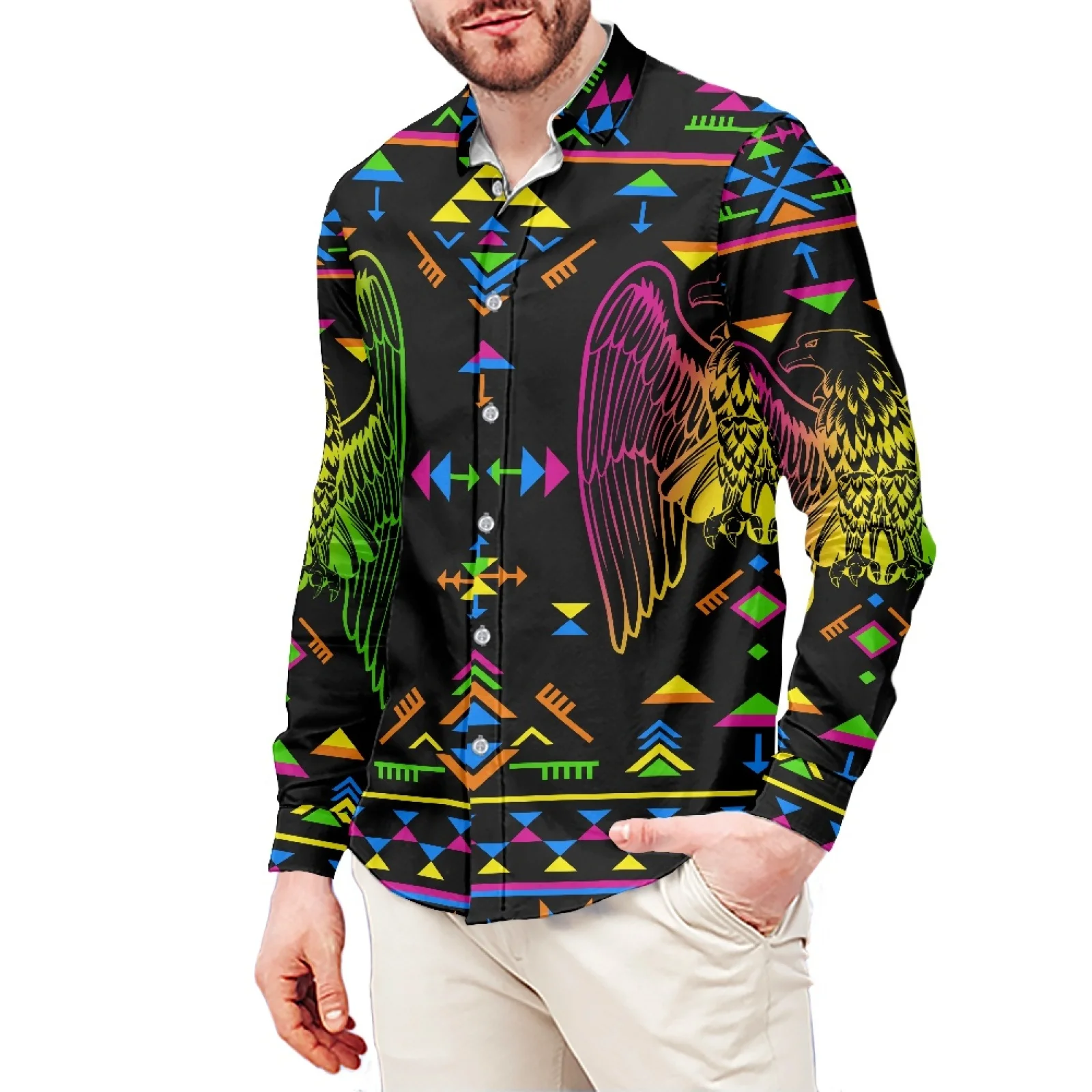 Eagle Tribe Patchwork Printed Men's Dress Men's T-Shirt Pornesian Sport Style Men's Shirt Stand Collar 6XL Long Sleeve Winter