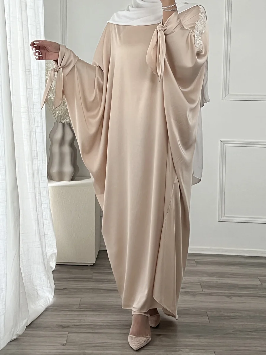 

Eid Mubarak, женское модное платье-абайя 2022, кружевное лоскутное атласное однотонное платье-абайя, Африканское платье с рукавом летучая мышь