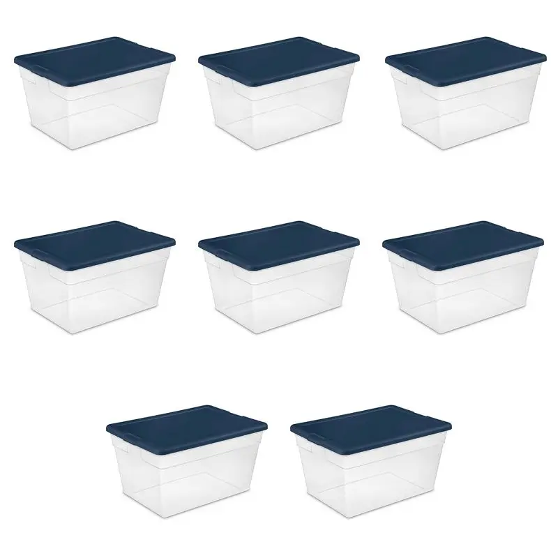 

8-Pack Sterilite Stackable 56-Quart Clear Home Storage Box with Marine Blue Lid for Space Saving Organization