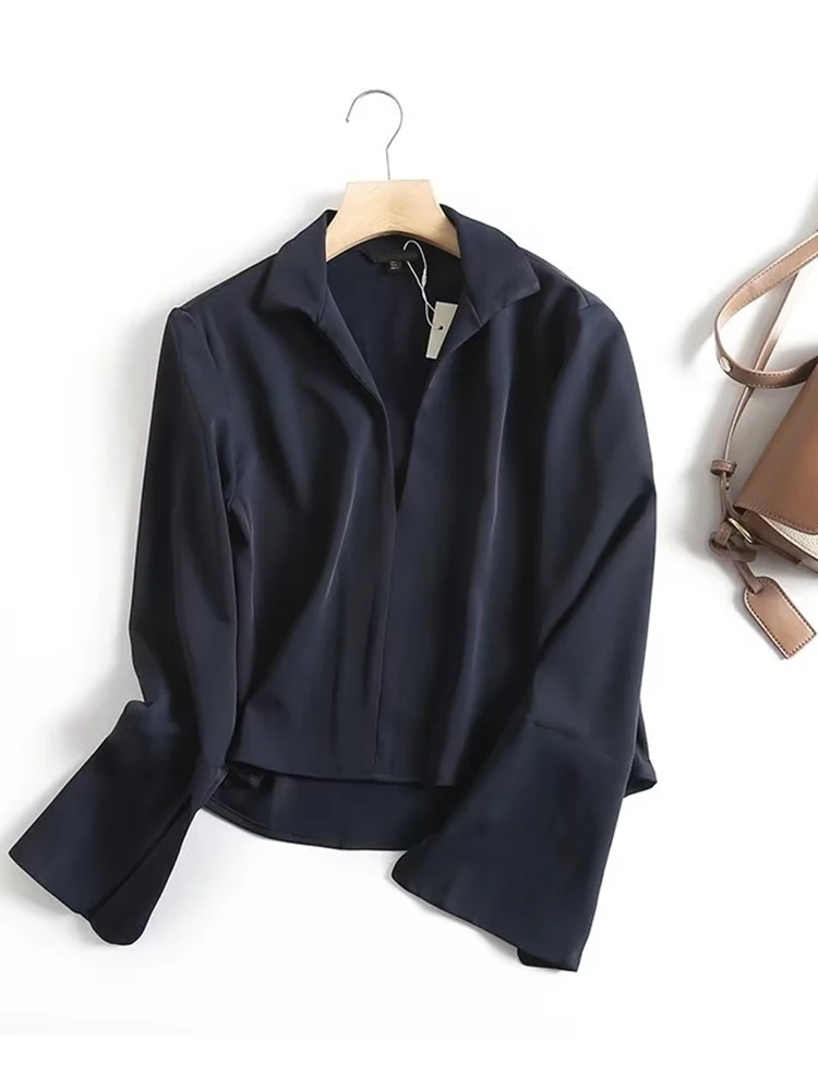 YENKYE Autumn  Women Navy Blue Shirt Slits Cuffs Long Sleeve  Female Pullover  Blouse Chic Blusas