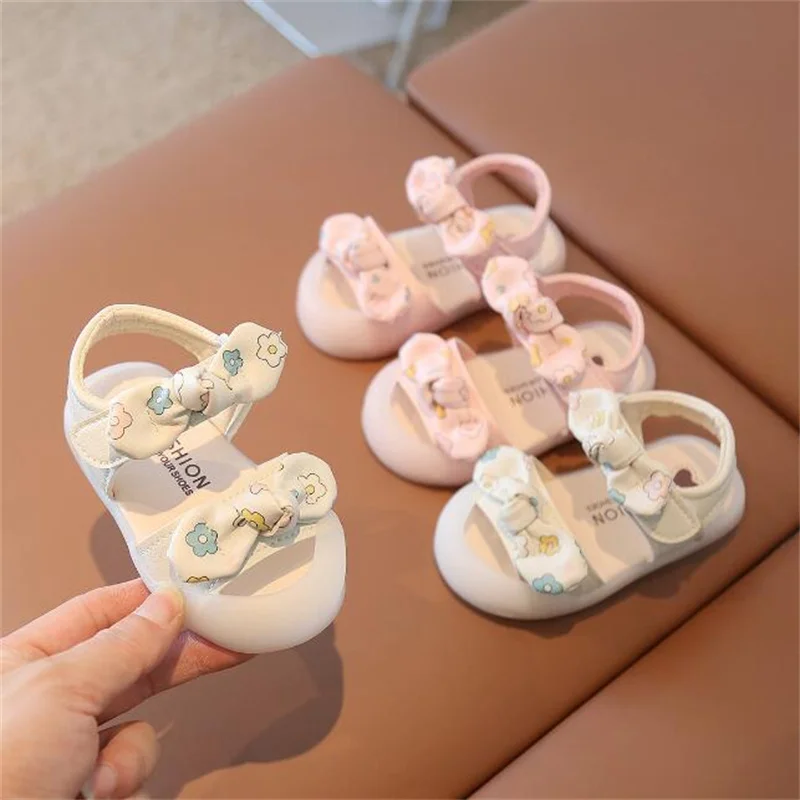 

girls sandals summer fashion print bow children's shoes soft-soled Soft Sole Non-Slip 0-1 year old baby Baotou toddler shoes