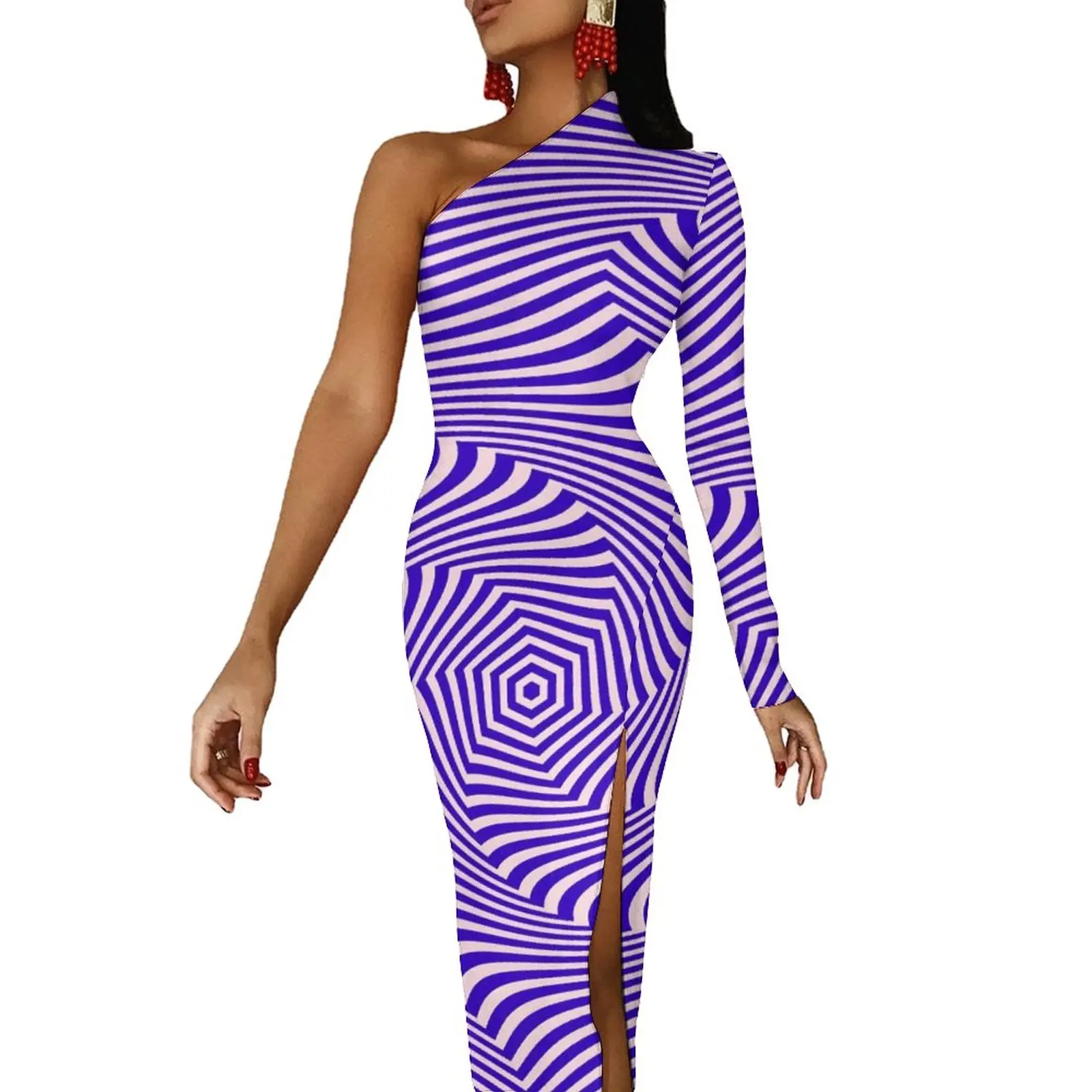 

Purple Curve Bodycon Dress Woman Swirl Lines Print Pretty Maxi Dress Long Sleeve Party Pattern Dresses Birthday Gift