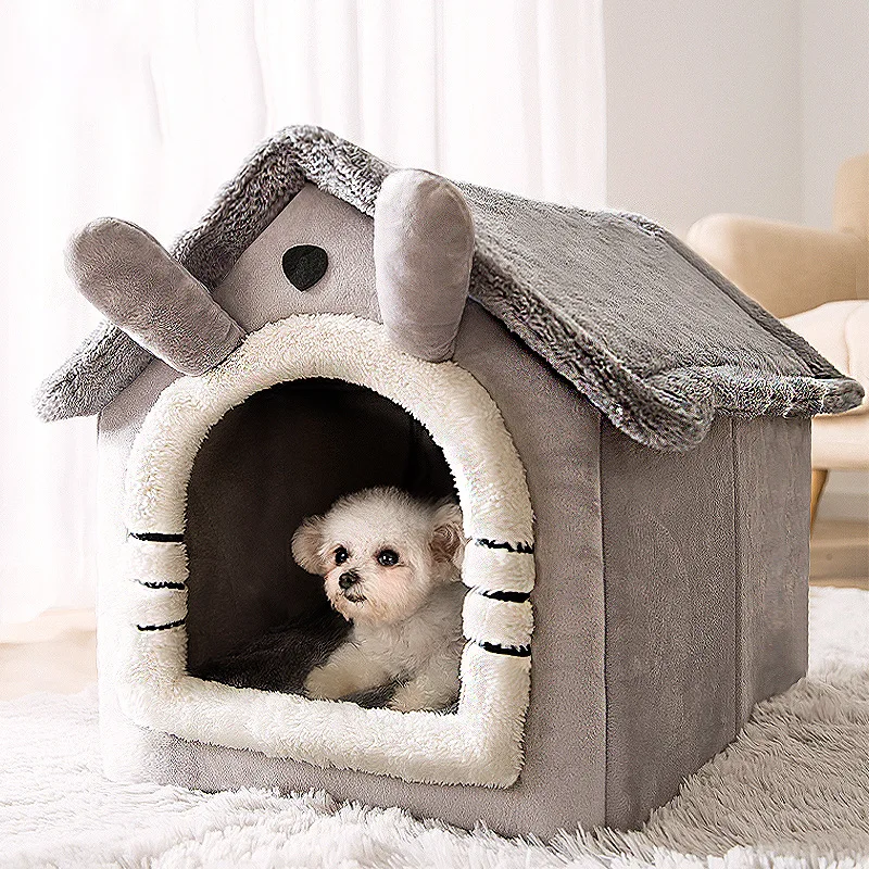 

Dog Bed Warm House Grey Kennel Cat Tent Sleeping Cave Bed Self-Warming Cushion 2 In 1 Foldable Nest for Indoor Cats Kitten Puppy