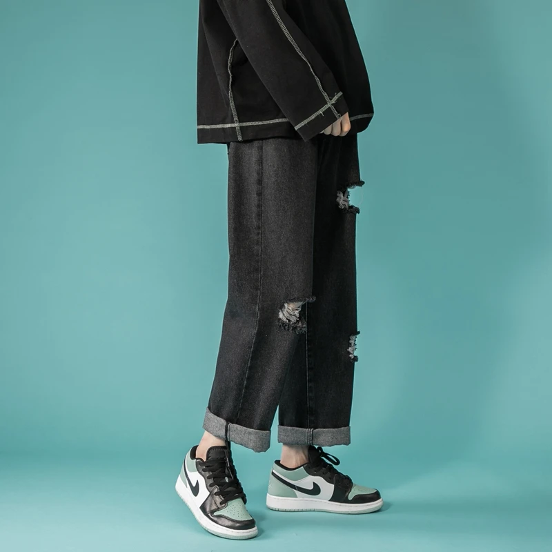 2022 Spring and Summer New Washed Denim Trousers Men's Ripped Fashion Simple Trendy Casual Slim Trousers Men