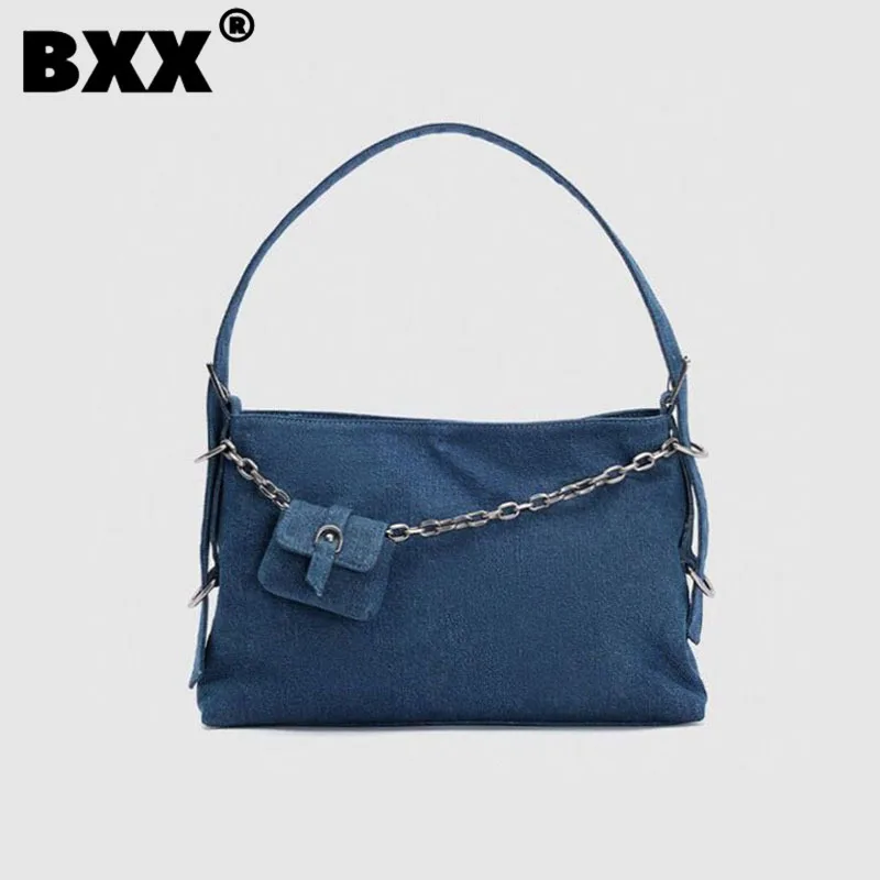 

[BXX] High Quality Large Capacity Denim Handbag Portable Versatile Chains Black Simple Temperament Fashion Bag 2023 New 8CY396