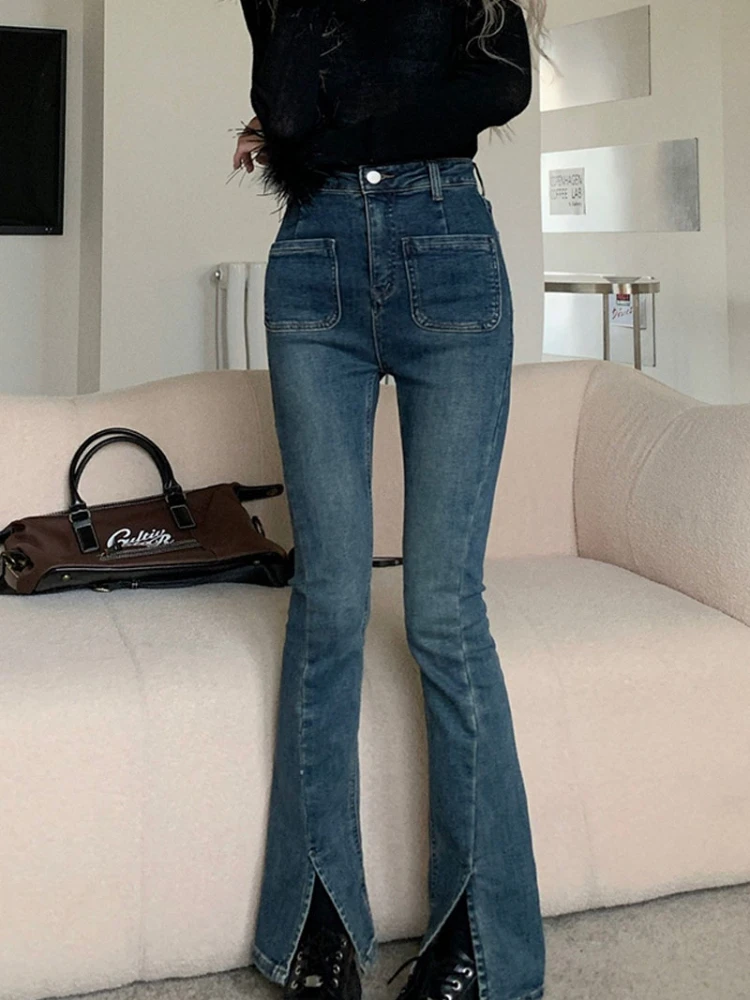

Autumn Winter Women Brushed Thick Double Pocket Split Stretch Denim Floor Pants Fashion High Wait Korean Style Female Warm Pants