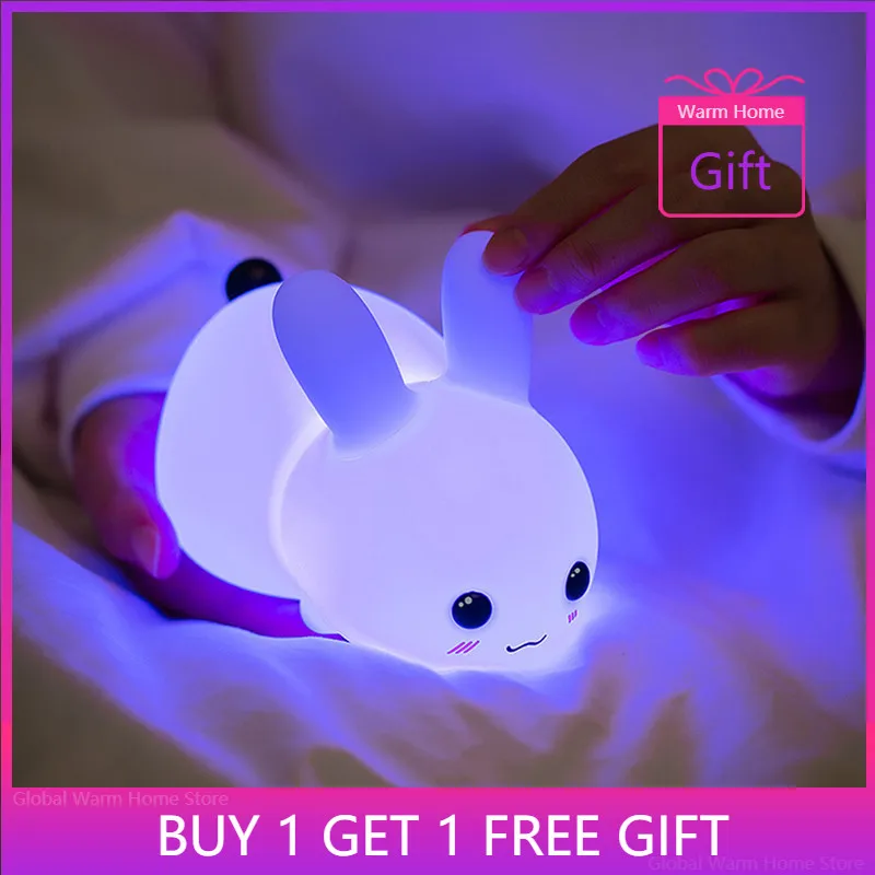 

Free Gift! Cute Rabbit LED Night Light USB Rechargeable Emergency Remote Control Lamp Cartoon Animal Bunny Kids Room Anime Decor