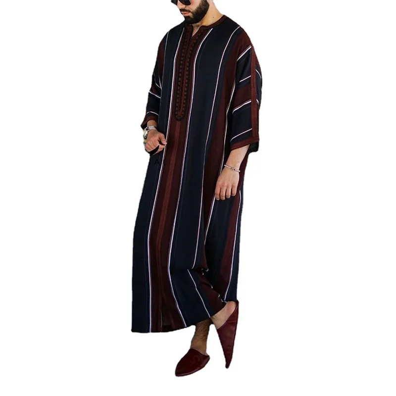 Indian National Style Long Shirt Men's Three Quarter Sleeves Round Neck Stripe Loose Splicing Mens Robe De Moda Musulmana