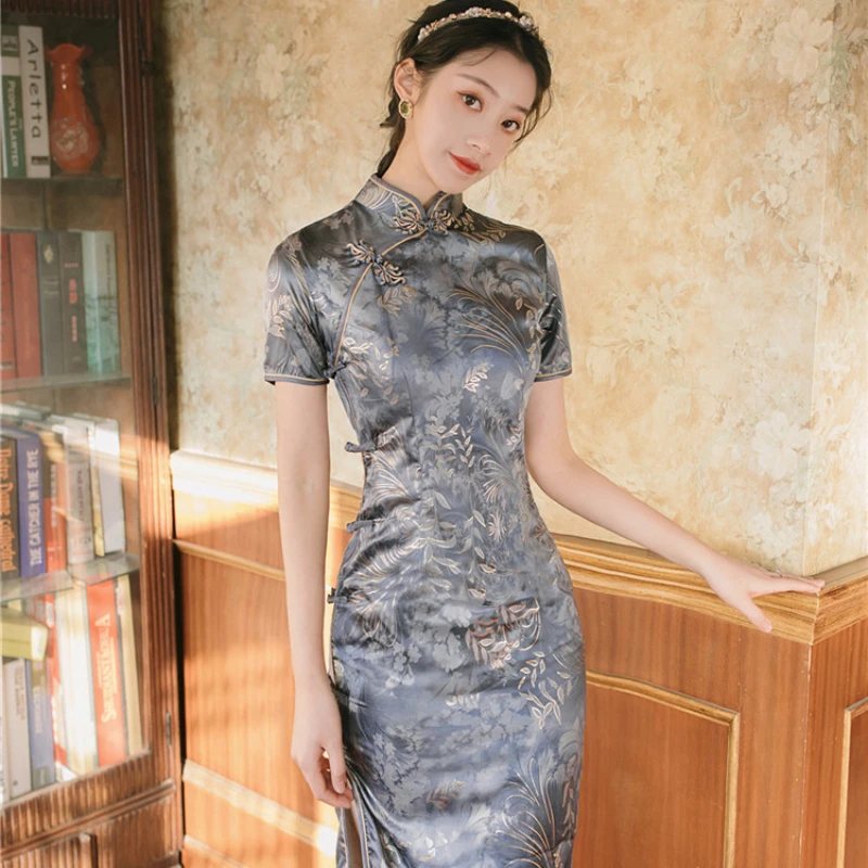 

Summer Chinese Style Long Qipao For Women Elegant Satin Stand Collar Printed Slim Short Sleeve Cheongsam Dresses Evening Dress