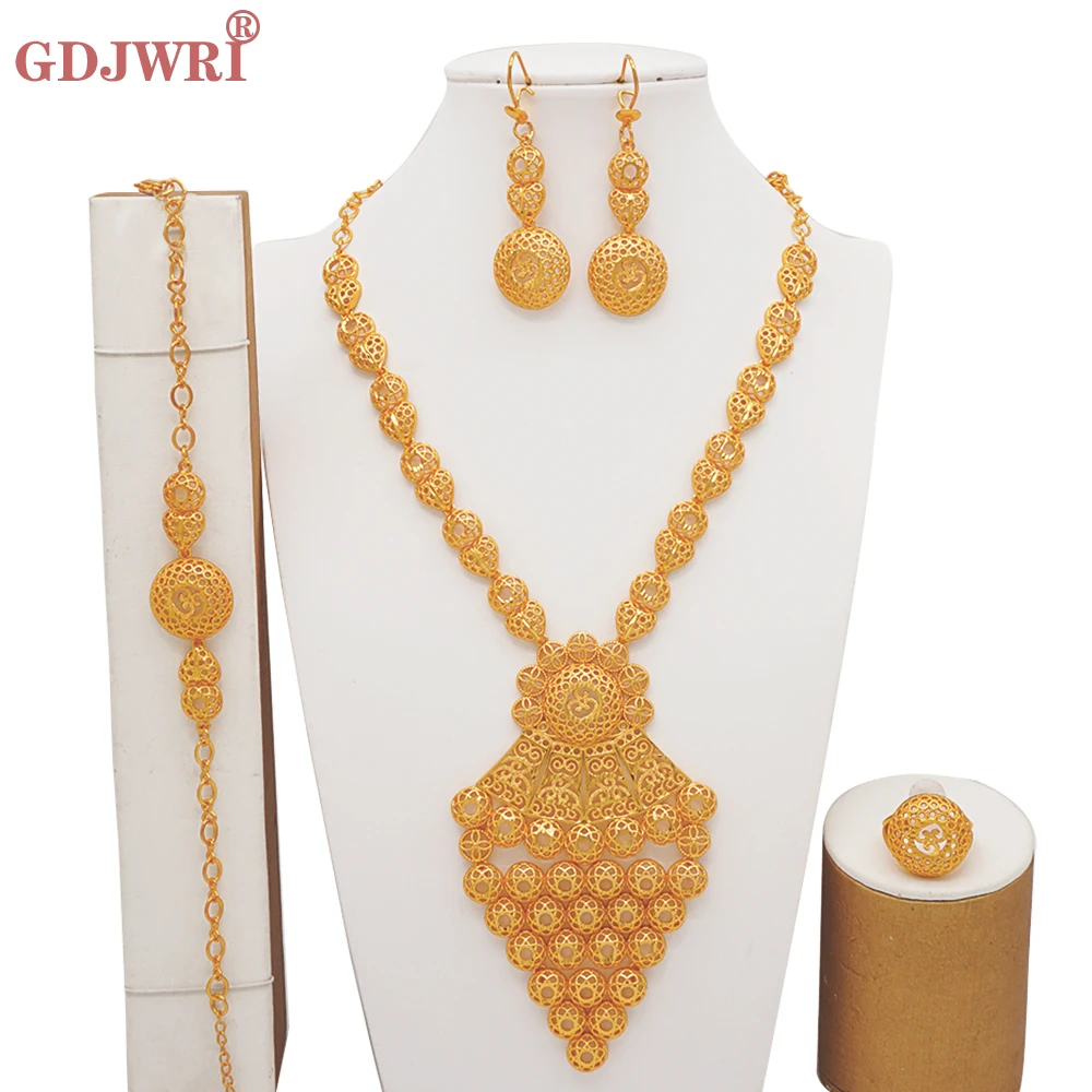 

Luxury Dubai Gold Color Jewelry Set For Women Ethiopian Bride African Necklace Bracelet Earring Ring Egyptian Indian Jewellery