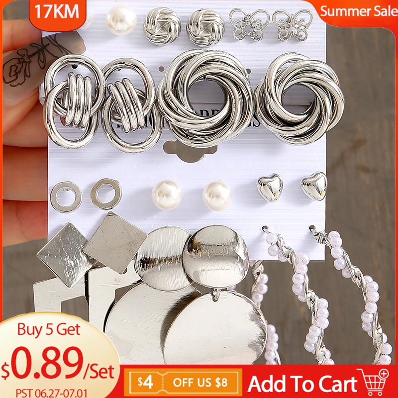 

17KM Metal Silver Earrings Set Vintage Pearl for Women Punk Geometric Snake Hoop Earrings Fashion Metal Butterfly Earrings Set