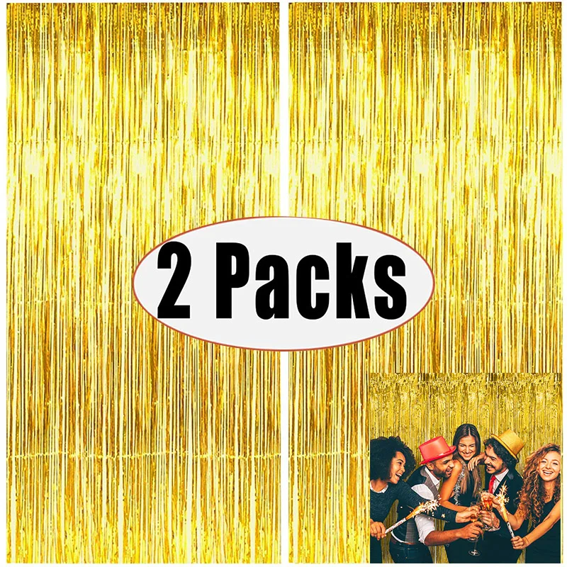 

2Pack 1X2M Gold Metallic Foil Tinsel Fringe Curtain Backdrop Birthday Wedding Bachelorette Party Decoration Adult Anniversary