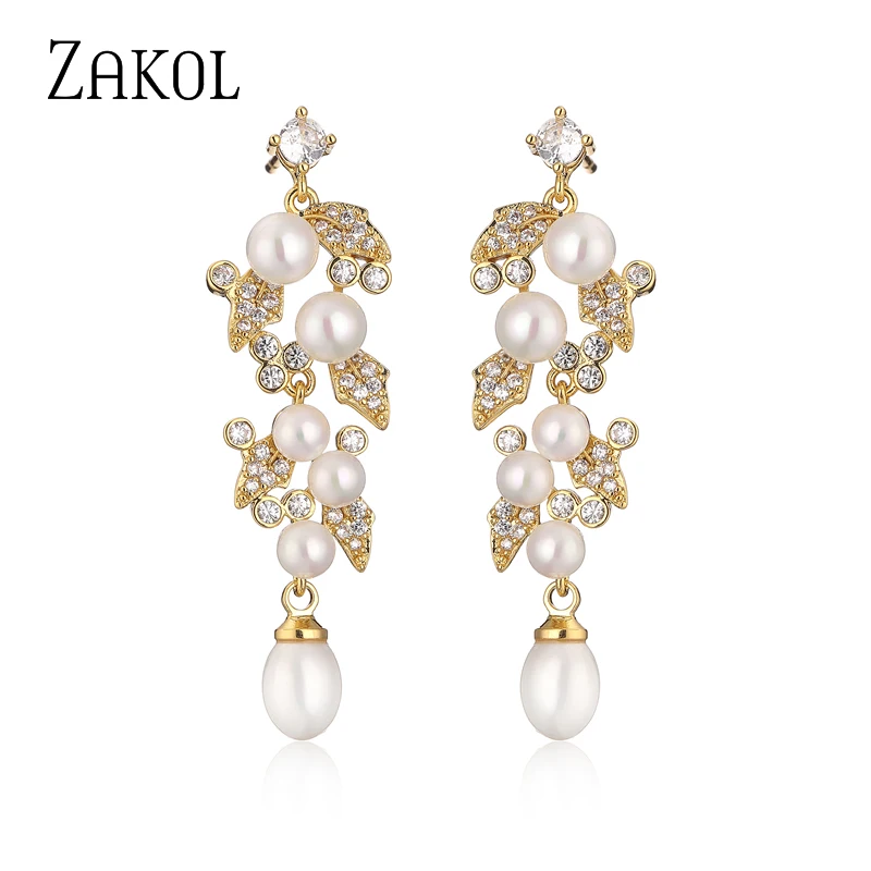 

ZAKOL Luxury Poland Leaf Marquise Zircon Dangle Earrings for Women Llong Imitation Pearl Bridal Earring Wedding Jewelry EP5663
