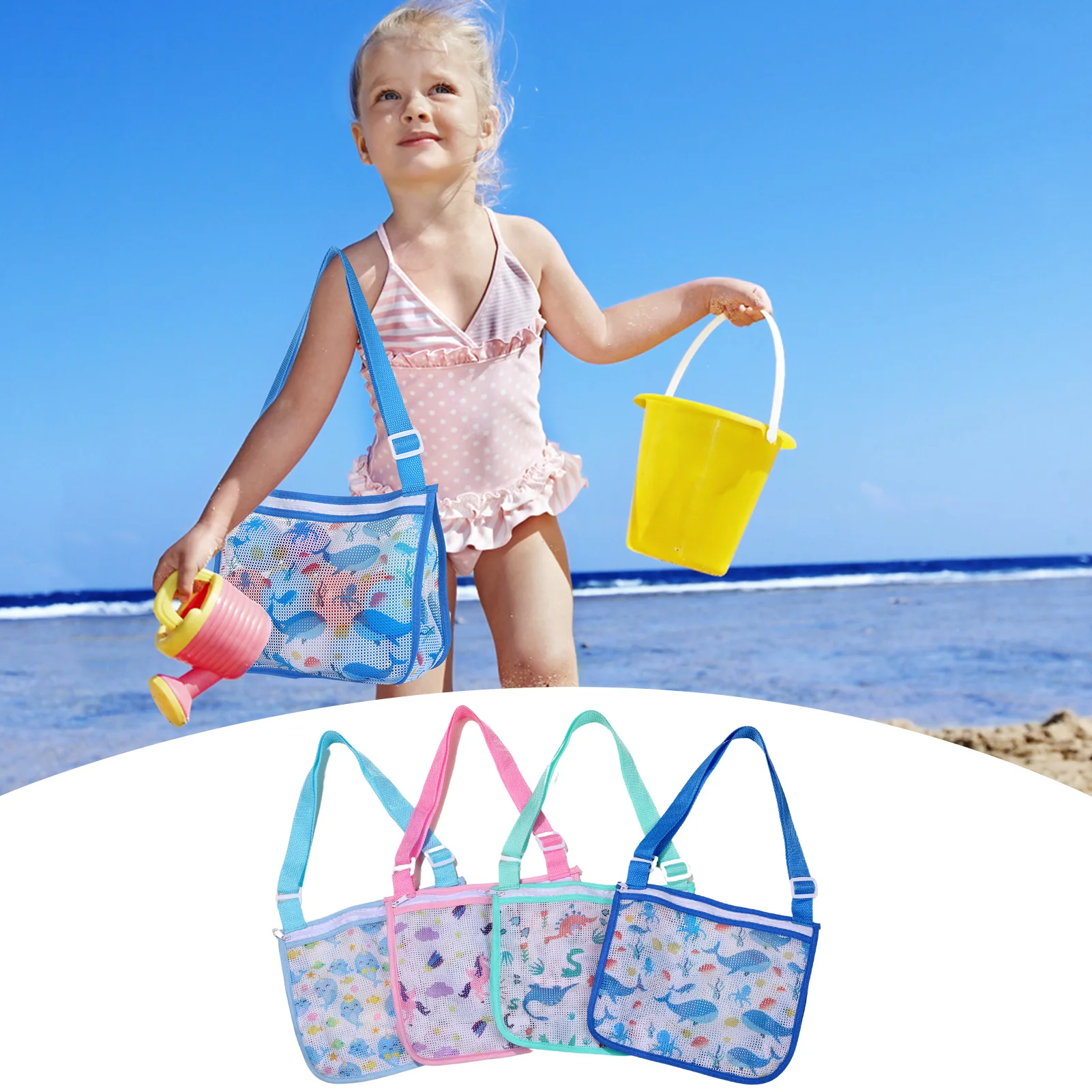 

Kids Summer Beach Bags For Shell Collecting And Beach Toy Net Storage Adjustable Shoulder Beach Toy Net Storage Bag With Zipper