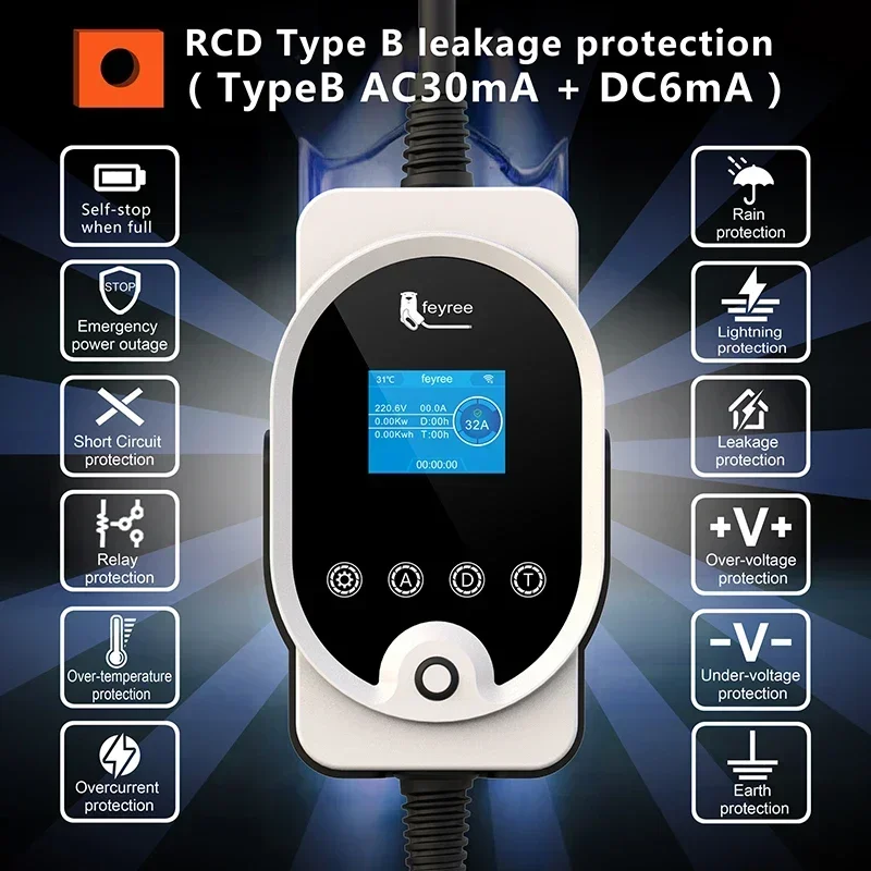 Feyree Зарядное устройство для электромобилей Портативное Type2 7KW 32A 1P Приложение