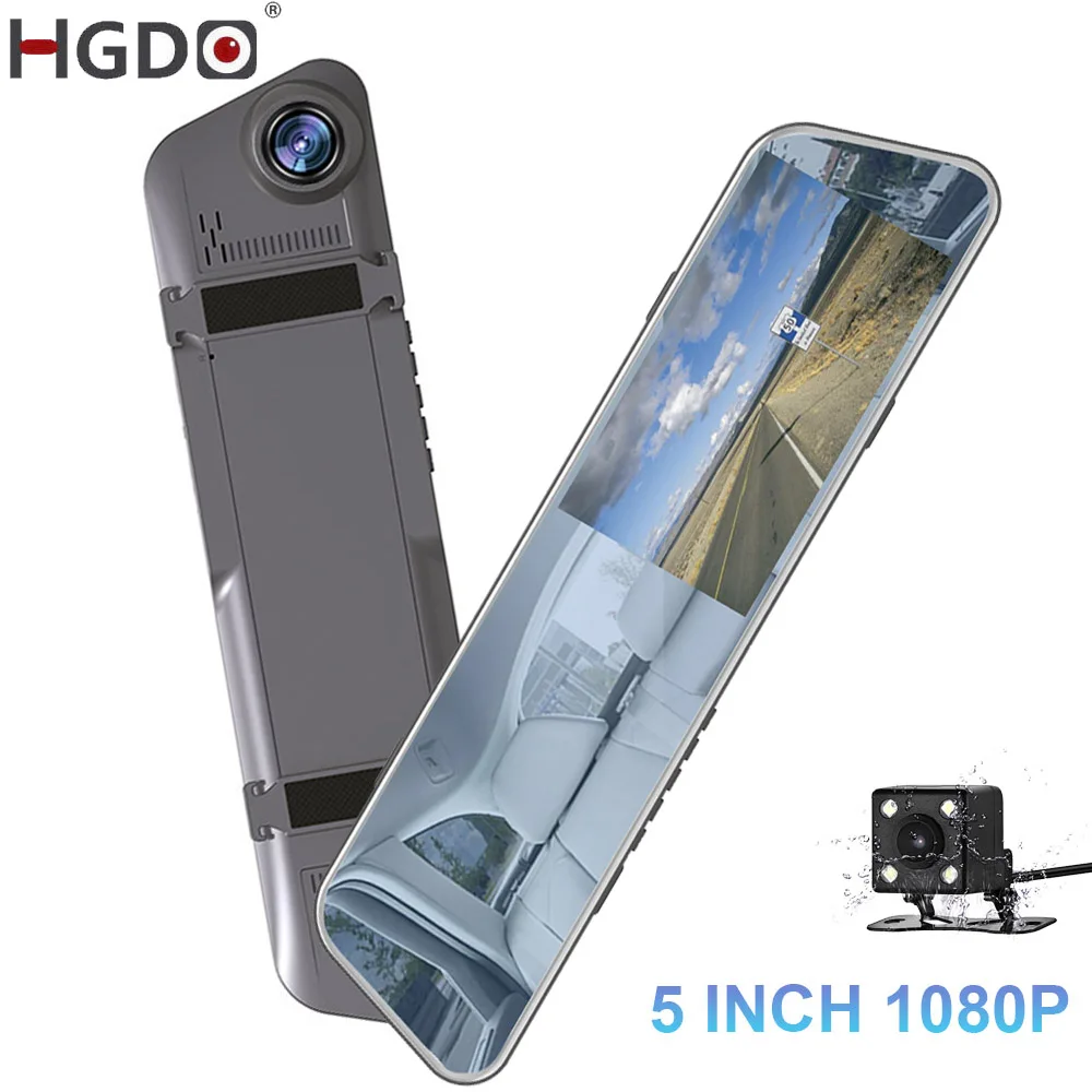 HGDO 5" Dash Cam Mirror Recorder 3 in 1 1080P Avto Dvr Touch Screen Rear View Camera with Parking Sensor Car Cam Video Box