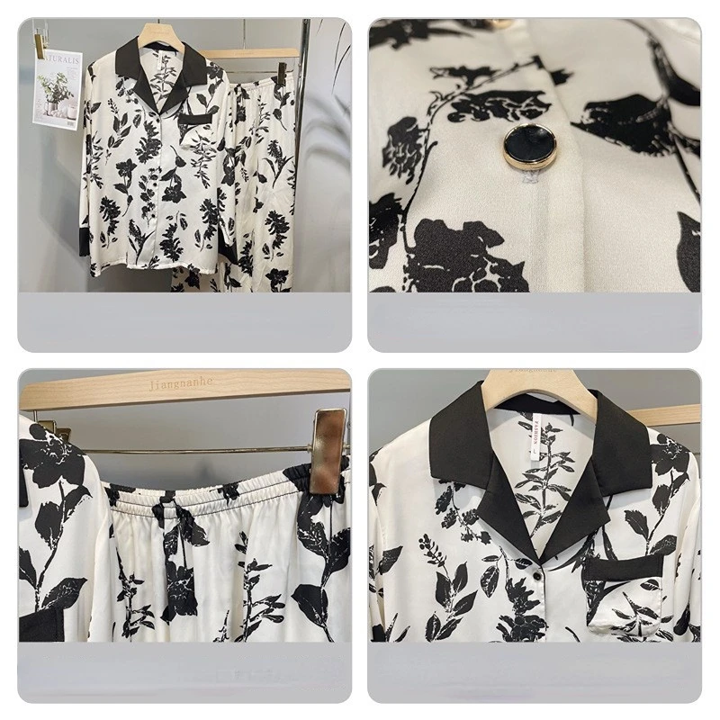 Women's  2 Piece Pajamas Sets Comfortable Cute Pijama Faux Silk Satin Pyjama Female Sleepwear Long Sleeve Shirt Trouser Homewear