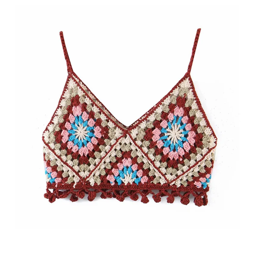 

Топ женский вязаный крючком ручной работы на бретелях-спагетти