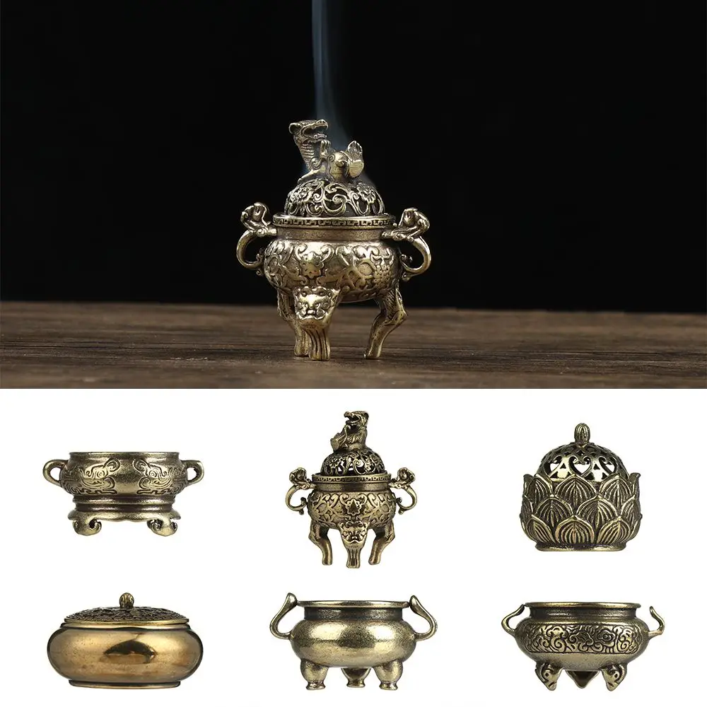 

Ancient Style Cense Stick Holder Desktop Ornaments Retro Brass Censer Mini Qilin Head Hollow Lotus Incense Burner