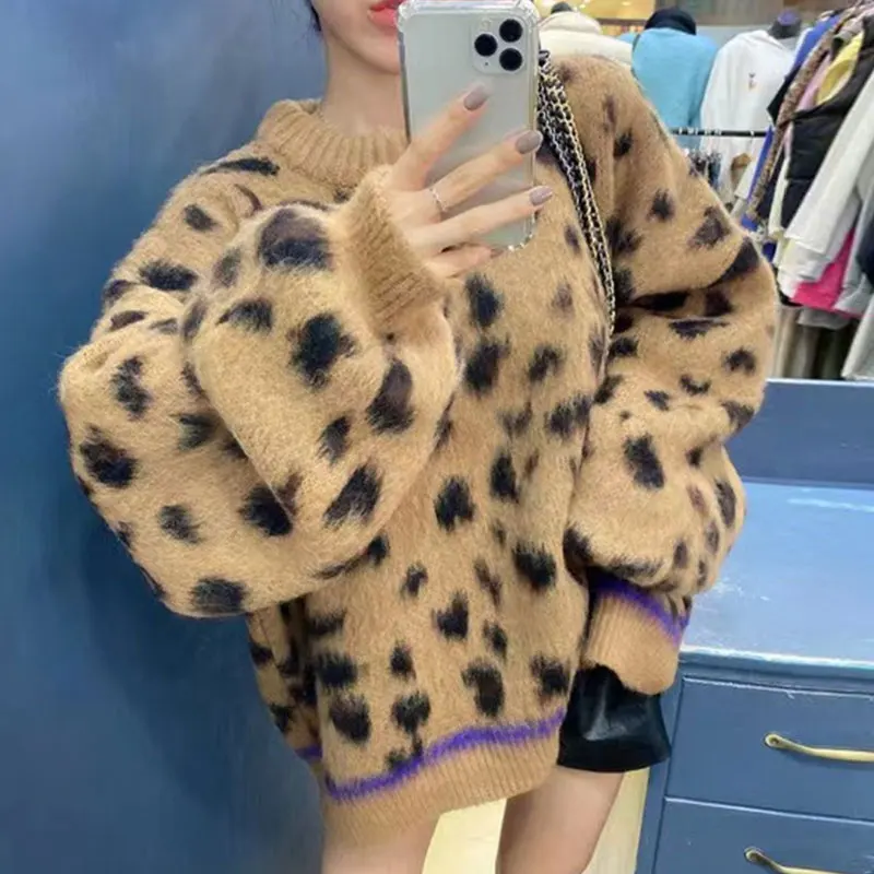 

Женский элегантный свитер Clothland с леопардовым принтом, вязаная одежда, пуловер с длинным рукавом и животным рисунком, шикарные женские топы ...