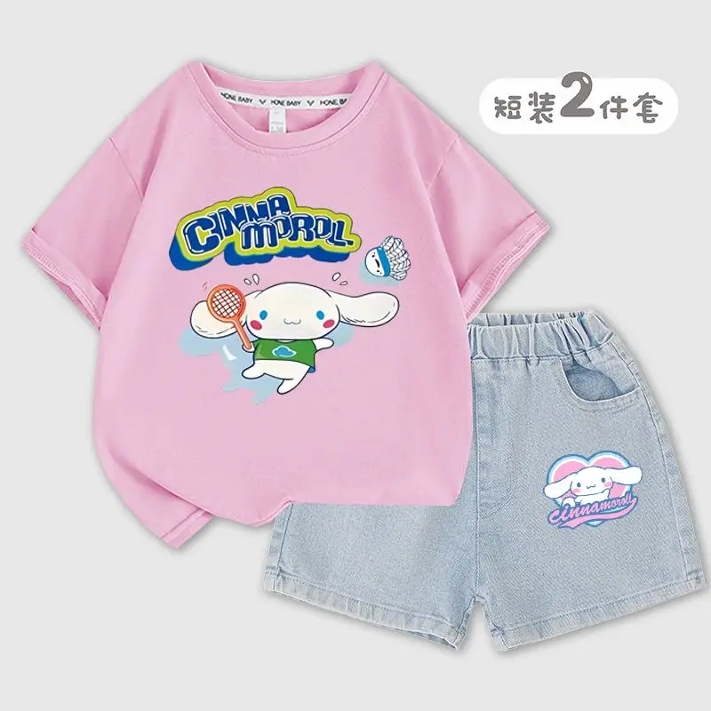 

Sanrioed Anime Kuromi Melody Cinnamoroll Toddler Boys Girls Summer Sport Clothes Kids Cotton Casual Short Sleeve T-Shirt+Shorts