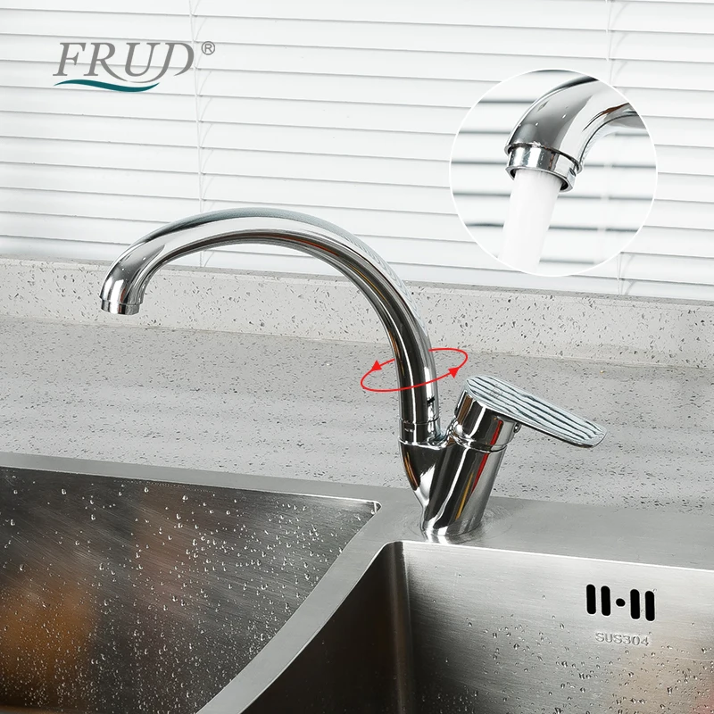 FRUD Kitchen Faucet Sink 360 Degree Rotation Chrome Cold & Hot Mixer Tap Curved Outlet Pipe Taps Single Handle