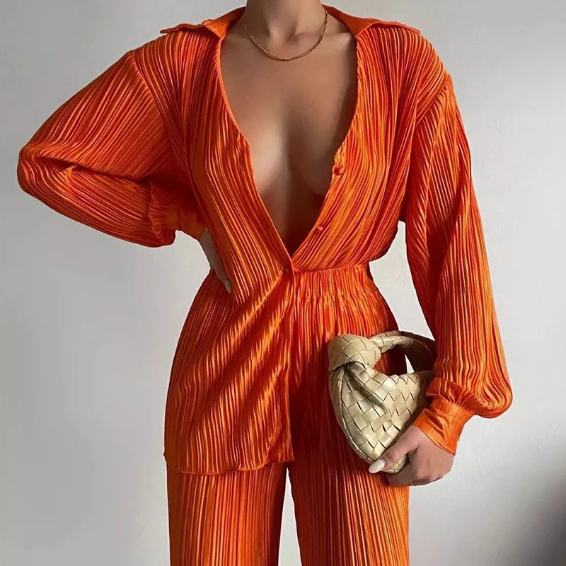 

Fashion Lapel Single Breasted Shirt+Straight Pant Set Elegant Casual Solid Color Outfits Women High Street Pleated Loose 2pc Set