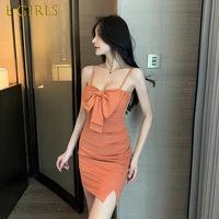 e girls 2022 low cut bow tie halter belt breast temperament buttock wrapped sexy evening dress office lady knee length